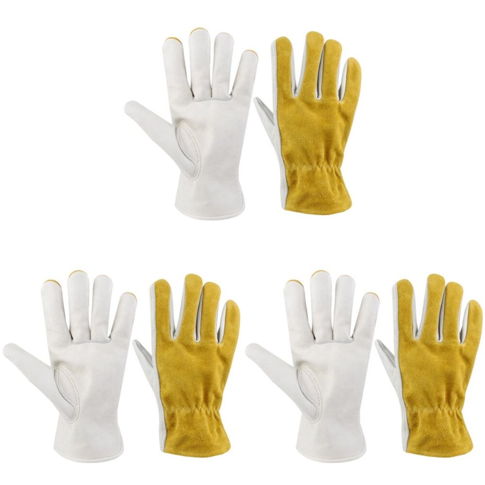 PAKNADA Cowhide Leather Work Gloves 3P Yellow White Reinforced Durability Palm